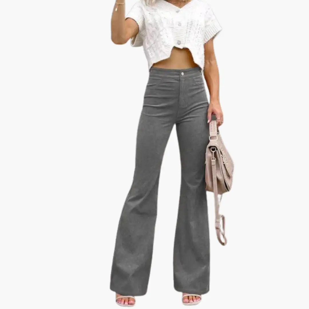 Women’s flare pants, high-waisted corduroy, grey, with pockets