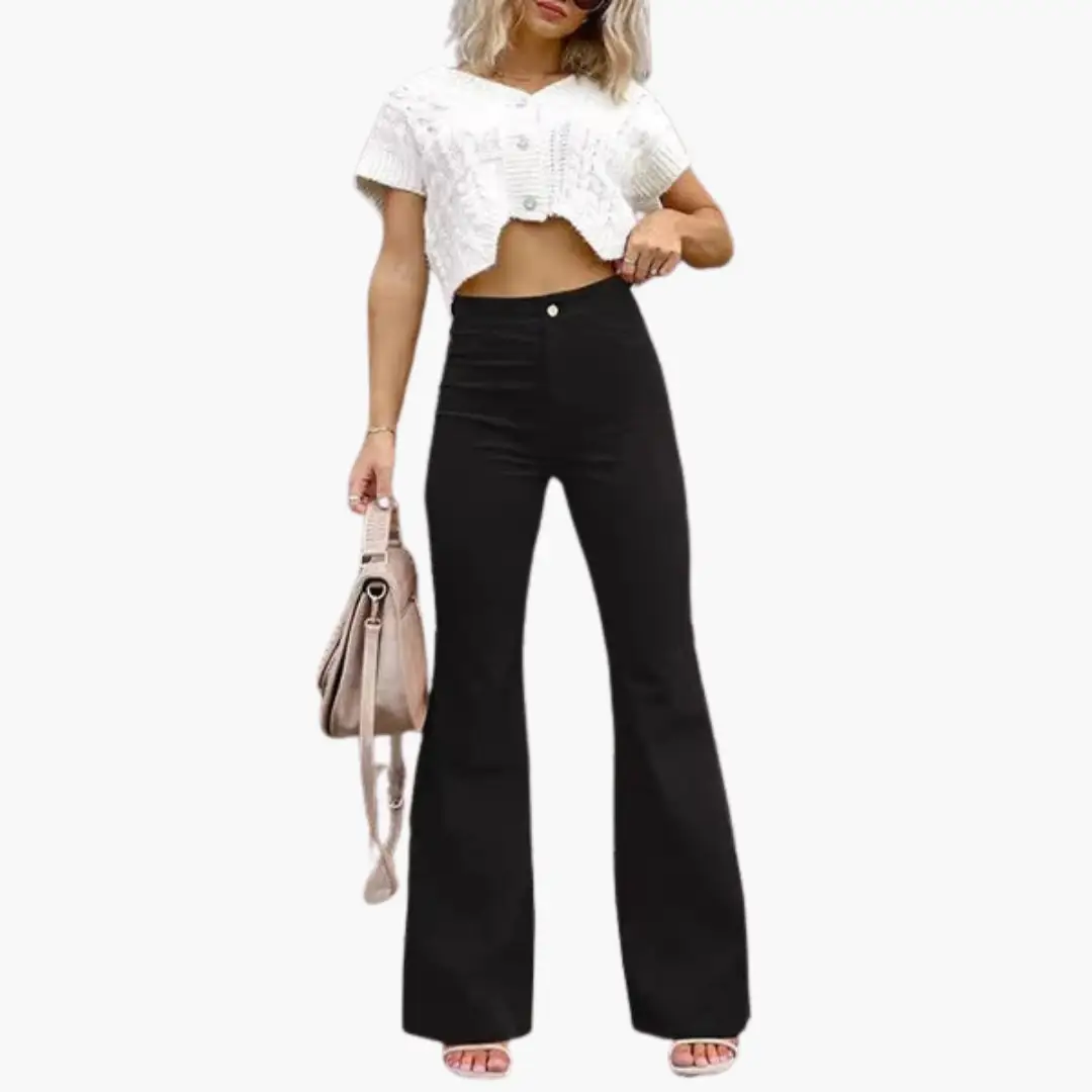 Women’s flare pants with high waist and pockets in black corduroy