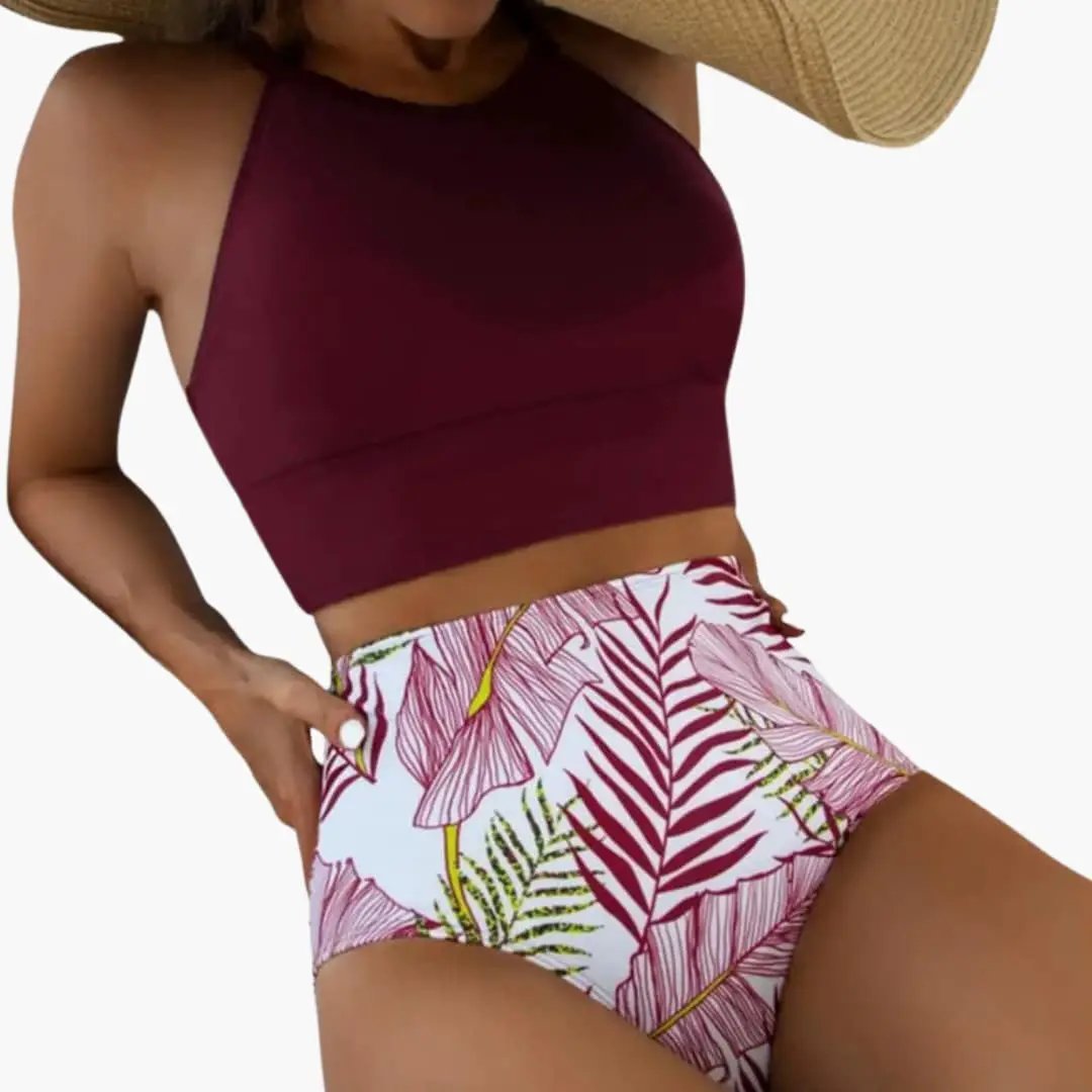Women’s Floral High-Waisted Bikini Set with Adjustable Straps burgundy top and tropical-print bottom