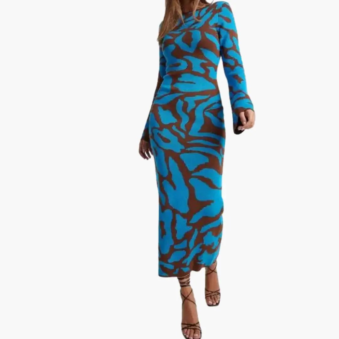 Women's floral long dress in blue and brown abstract print with round neckline.