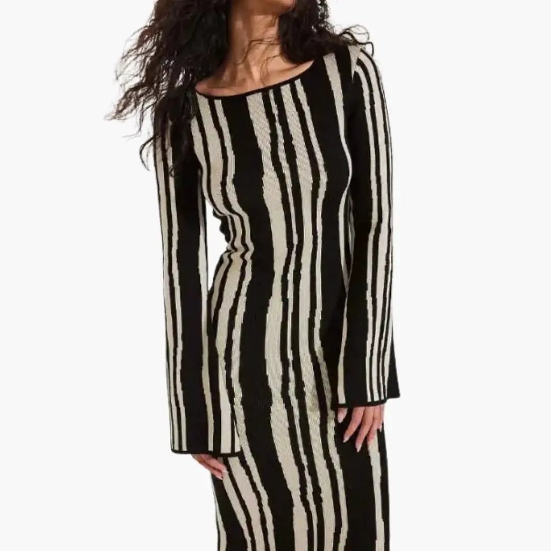 Women’s Floral Long Dress in black and beige vertical stripes, round neckline, by Wilfred Smith
