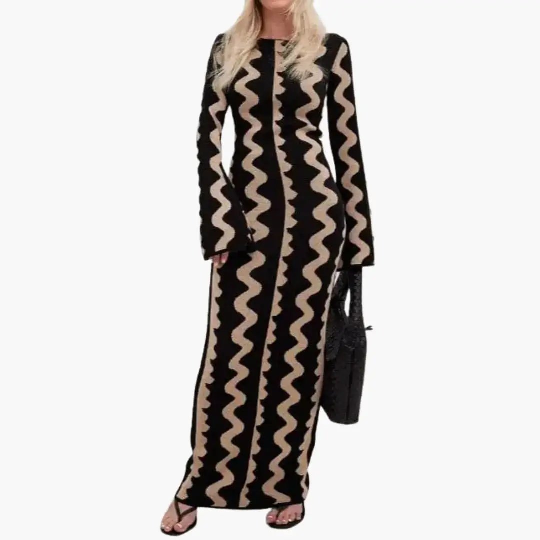 Women’s Floral Long Dress with Round Neckline in black and beige wavy stripe pattern, full-length dress