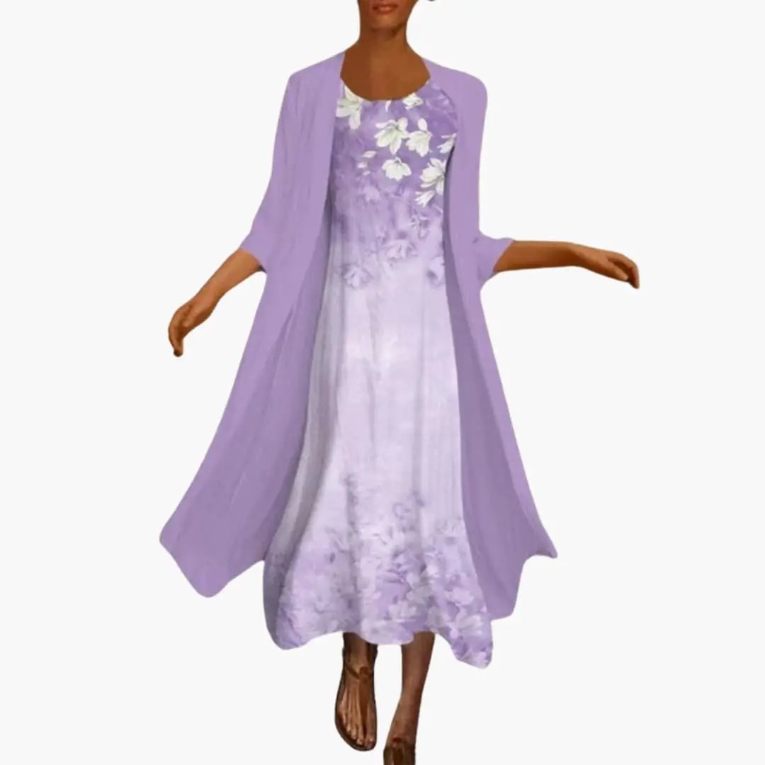 Women’s Floral Maxi Dress with Open-Front Cardigan Set, lavender cardigan over a purple tie-dye floral dress.