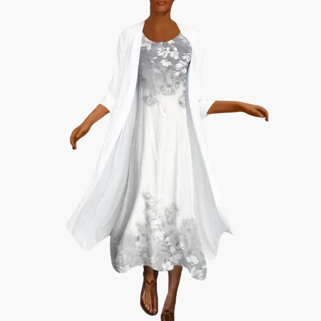 Women’s floral maxi dress with open-front cardigan by Wilfred Smith, white-gray floral print