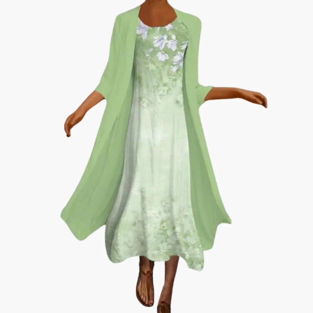 Women's floral maxi dress with open-front cardigan set, light-green two-piece ensemble