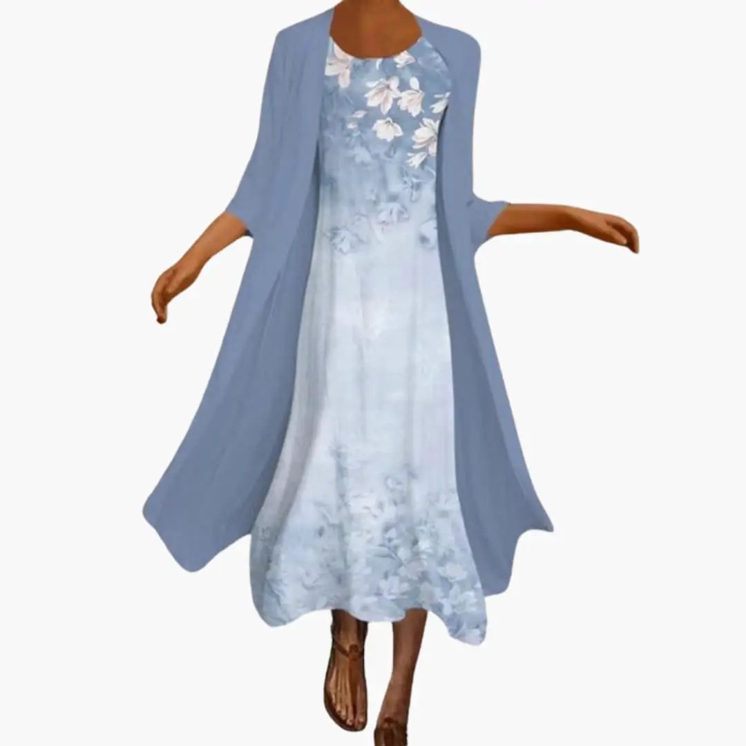 Women’s Floral Maxi Dress with Open-Front Cardigan Set in blue floral print by Wilfred Smith