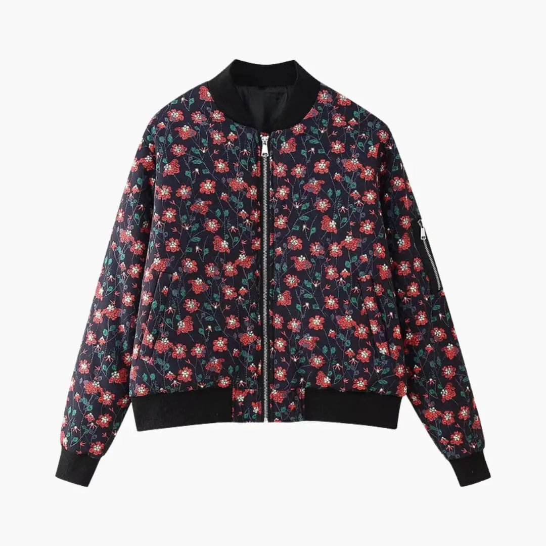 Women’s bomber jacket with dark navy floral pattern, red blossoms, zip front, high collar and elastic cuffs