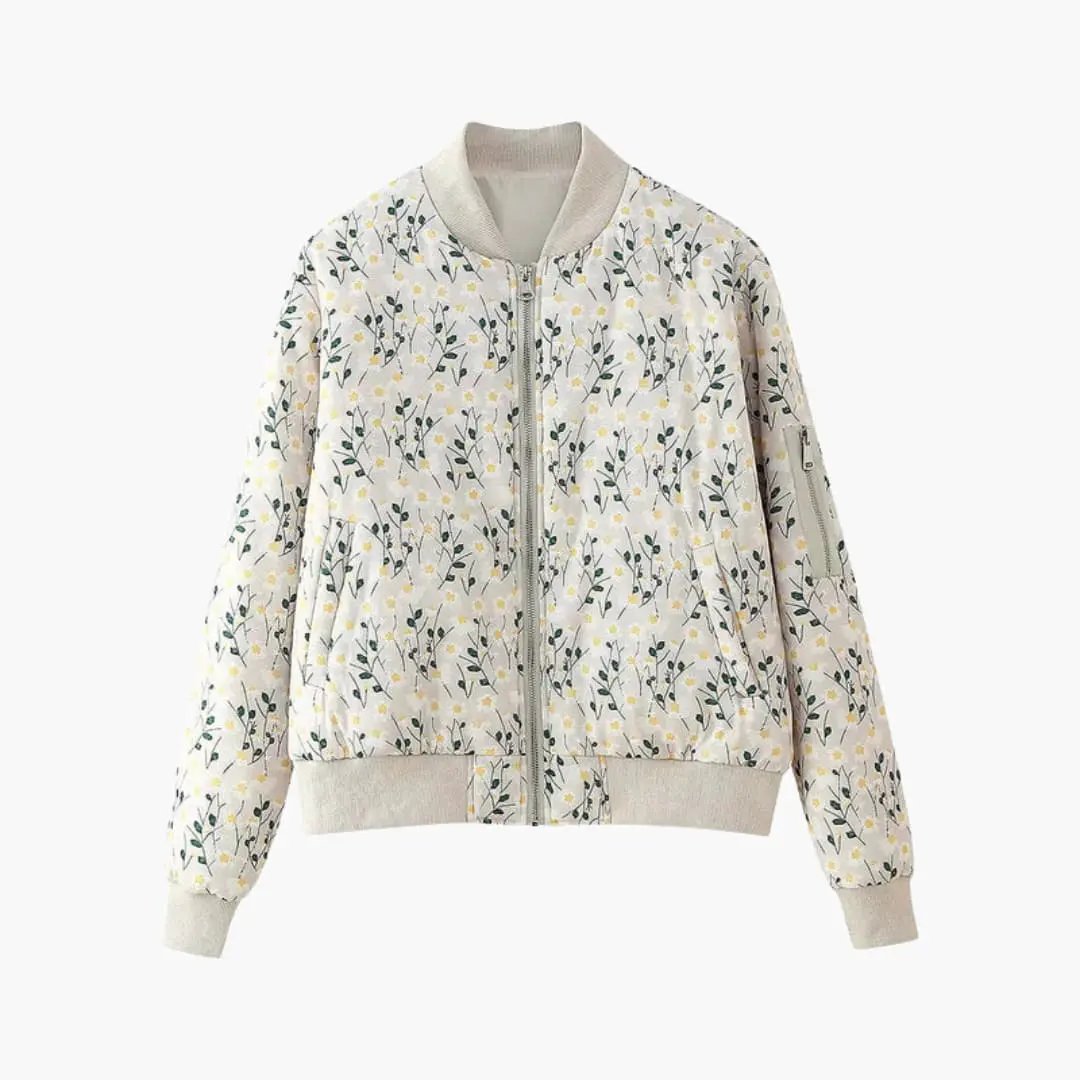 Women's floral bomber jacket by Wilfred Smith, light cream with yellow flowers, high collar and elastic cuffs
