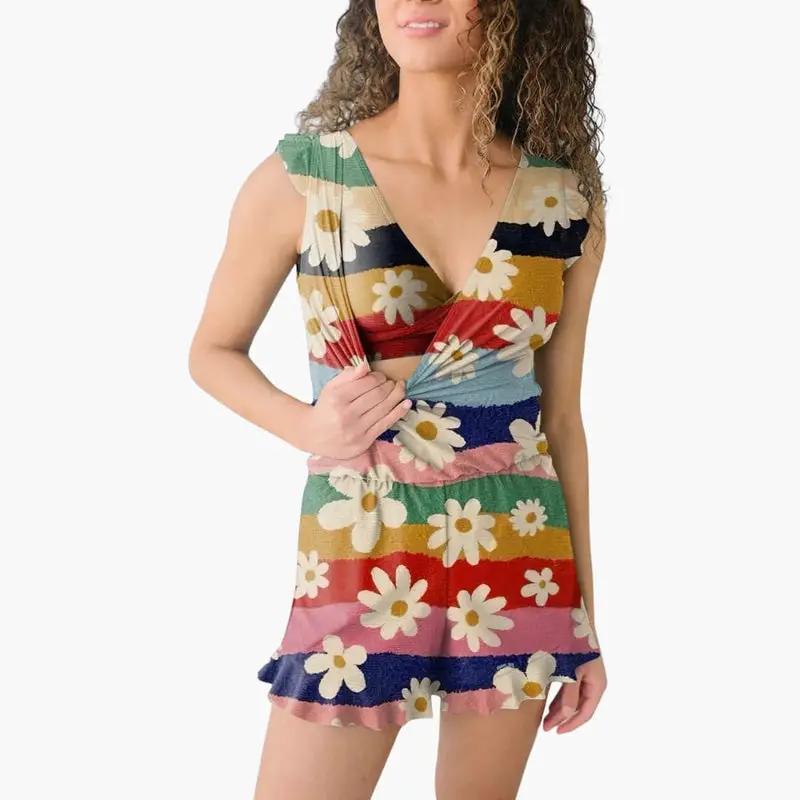 Women’s Jumpsuit, sleeveless floral V-neck with multicolor daisy print, woven one-piece