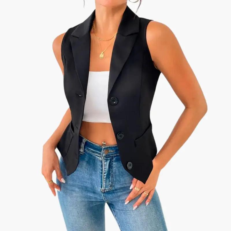 Women's black sleeveless gilet with blazer-style collar and button closure.