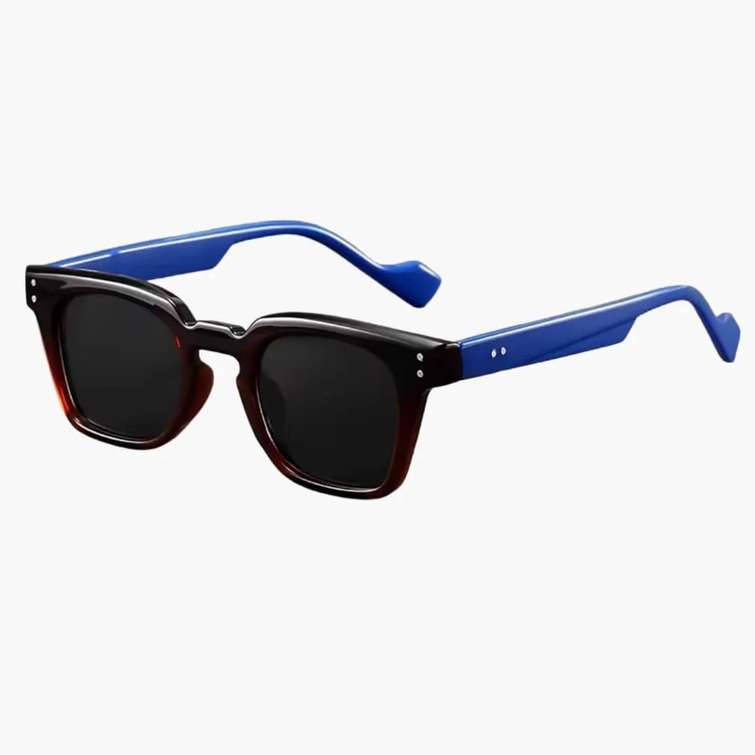 Women's square-frame glasses with dark front and blue temples