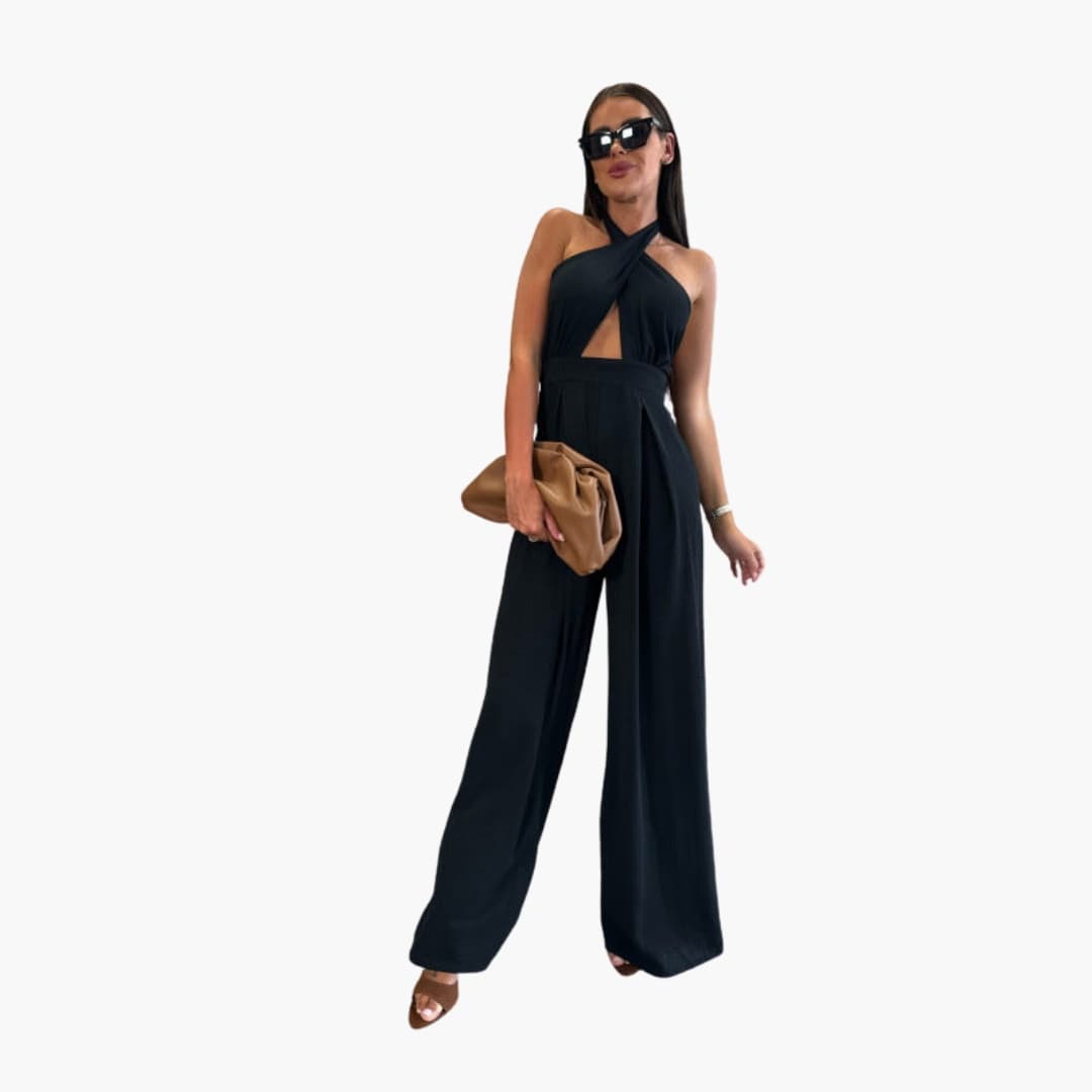 Women's black halter-neck jumpsuit with front cutout and wide-leg pants