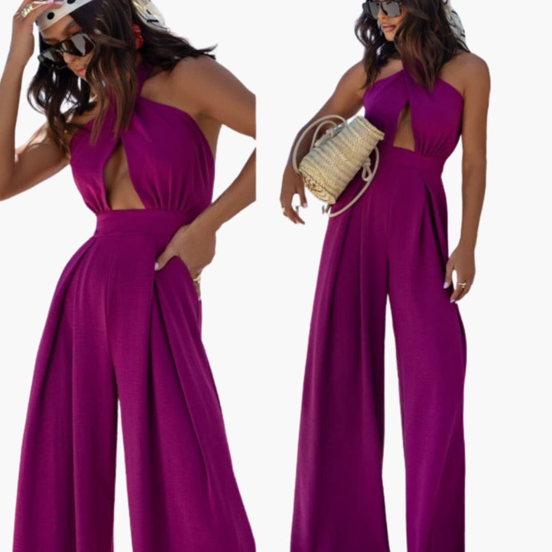 Women's halter neck jumpsuit with front cutout in purple, wide-leg one-piece