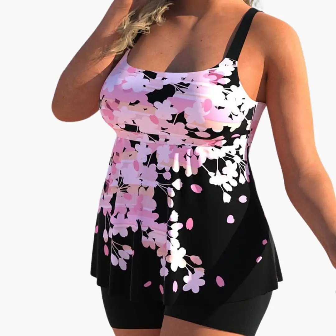 Women’s Bikini Set by Wilfred Smith, two-piece high-waisted with pink floral print on black and adjustable straps