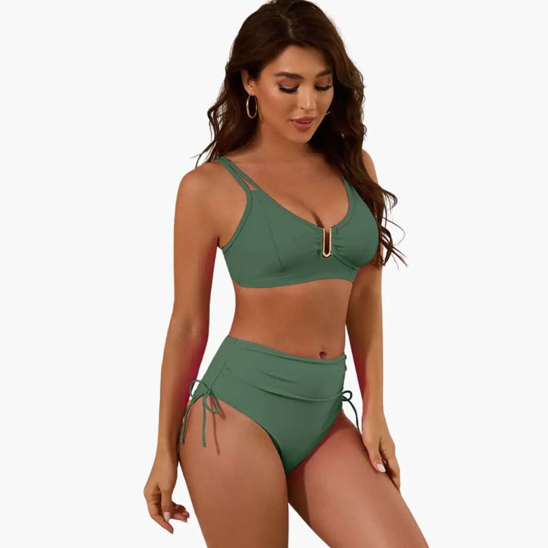 Women's high-waisted bikini set with split-strap top in green, gold-accent center clasp, side-tie bottoms.
