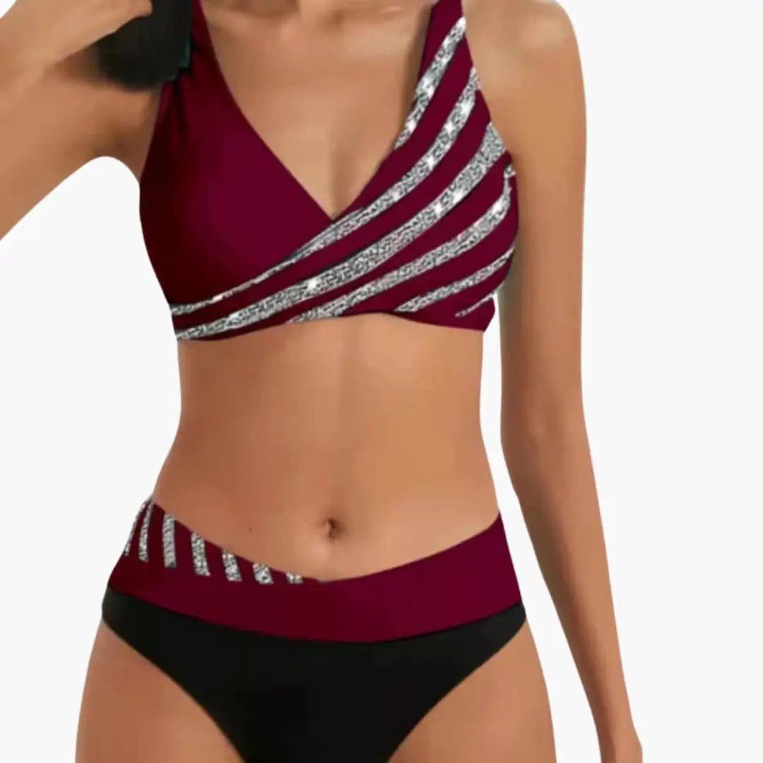 Women’s High-Waisted Glitter Stripe Bikini Set in burgundy with silver glitter stripes; classic bikini.
