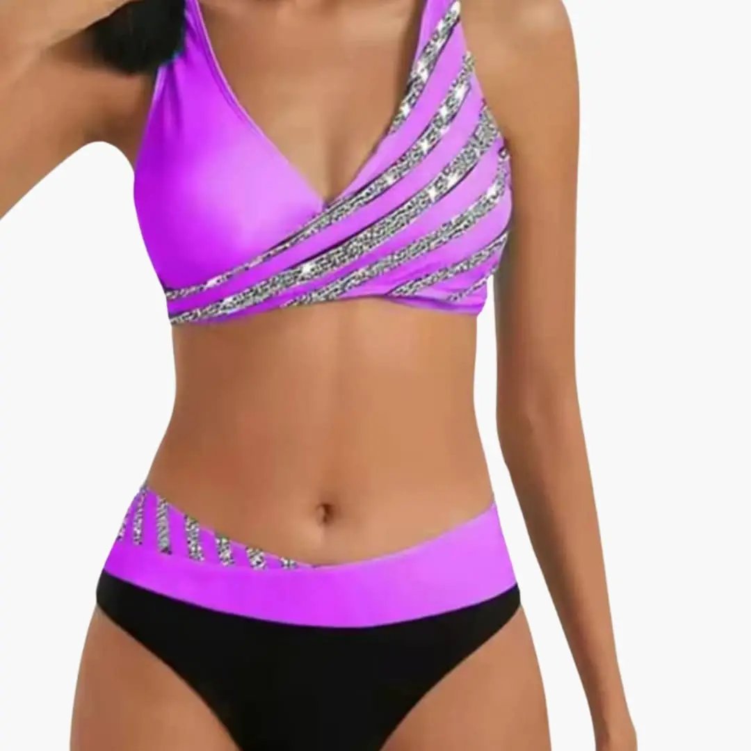 Women's High-Waisted Glitter Stripe Bikini Set: pink top with silver glitter stripes and pink waistband, black bottoms.