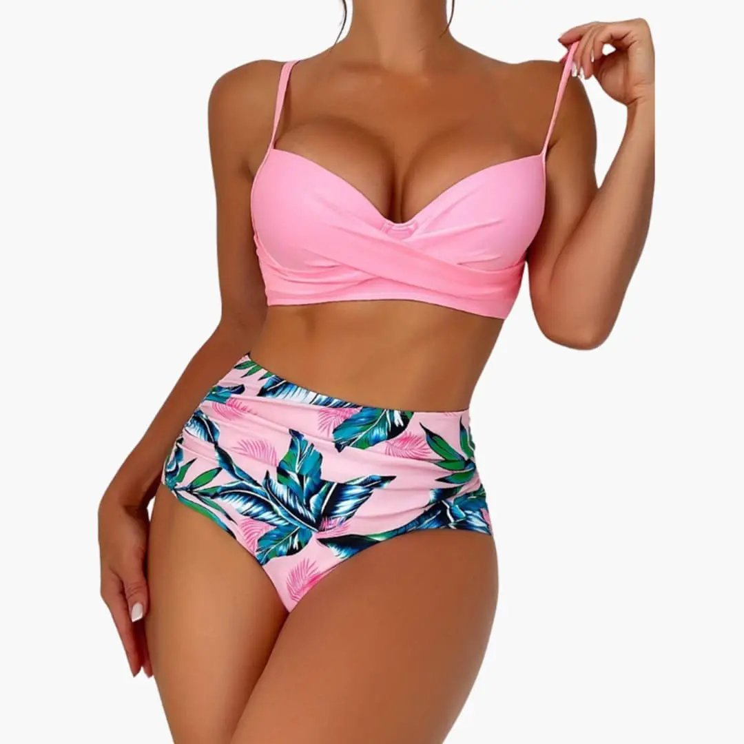 Women’s High-Waisted Push-Up Bikini Set with Padded Top; pink top and tropical leaf-print bottoms
