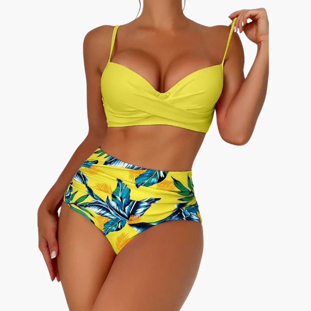 Women’s high-waisted bikini set with padded top; neon yellow top and tropical-print bottoms