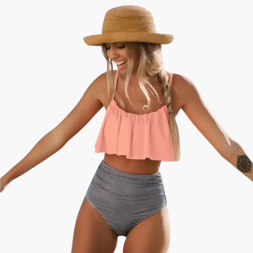 Women’s High-Waisted Ruffle Bikini Set with Adjustable Straps by Wilfred Smith: peach top and striped high-waisted bottoms.
