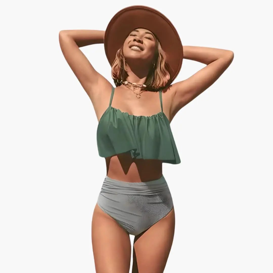 Women’s High-Waisted Bikini Set: green ruffle top with adjustable straps and gray patterned bottoms
