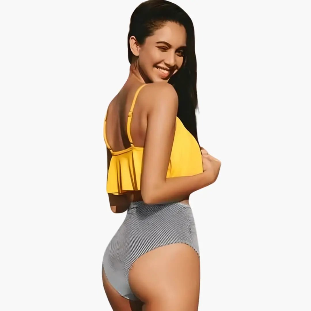 2-piece women's high-waisted bikini set with adjustable straps; yellow ruffle top and gray striped bottoms by Wilfred Smith