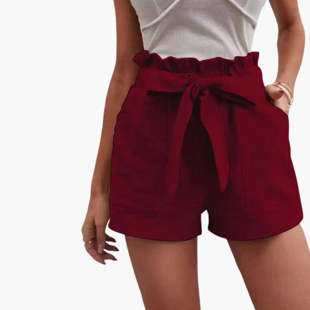 Women's High-Waisted Shorts with Drawstring and Pockets in burgundy by Wilfred Smith.