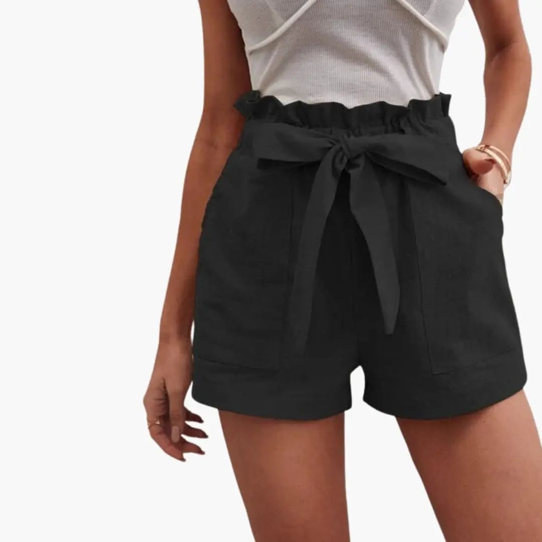 Women's high-waisted black shorts with drawstring waist and front pockets