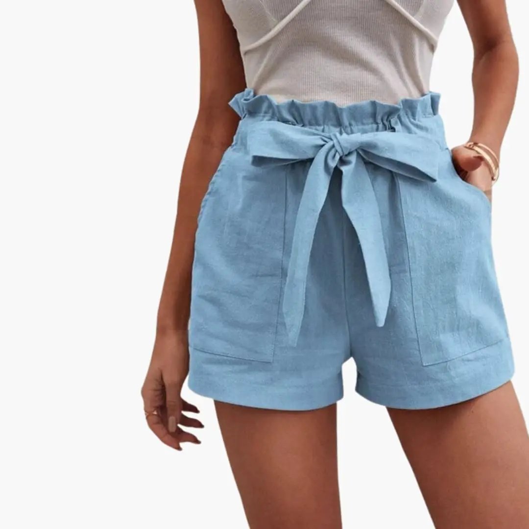 Women's High-Waisted Linen Shorts with Drawstring and Pockets in light blue