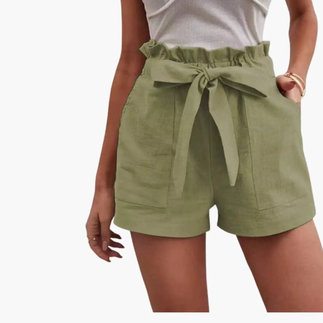 Women's high-waisted olive-green shorts with a tied belt and front pockets.