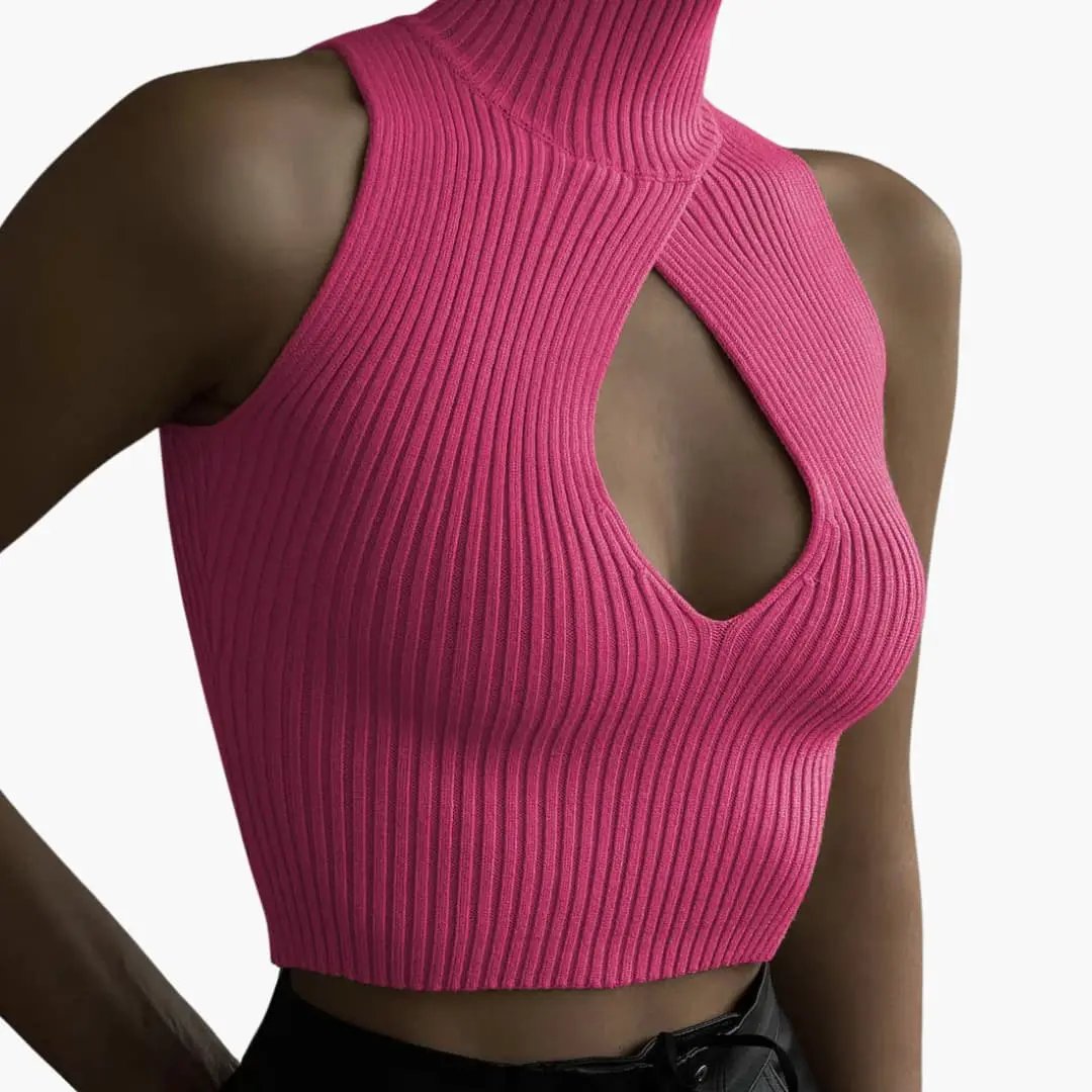 Women’s High Neck Crop Top pink ribbed stretch-cotton sleeveless with center keyhole cutout