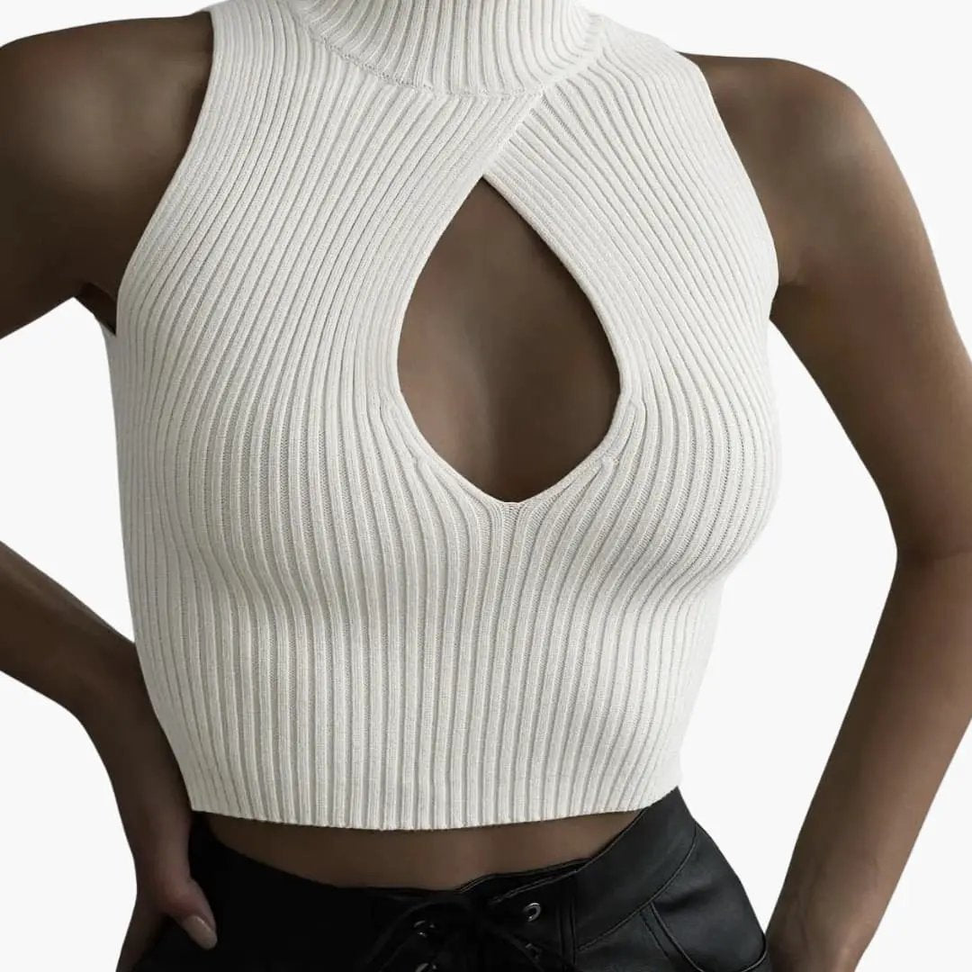 Women’s high-neck sleeveless ribbed knit crop top in white with front keyhole detail