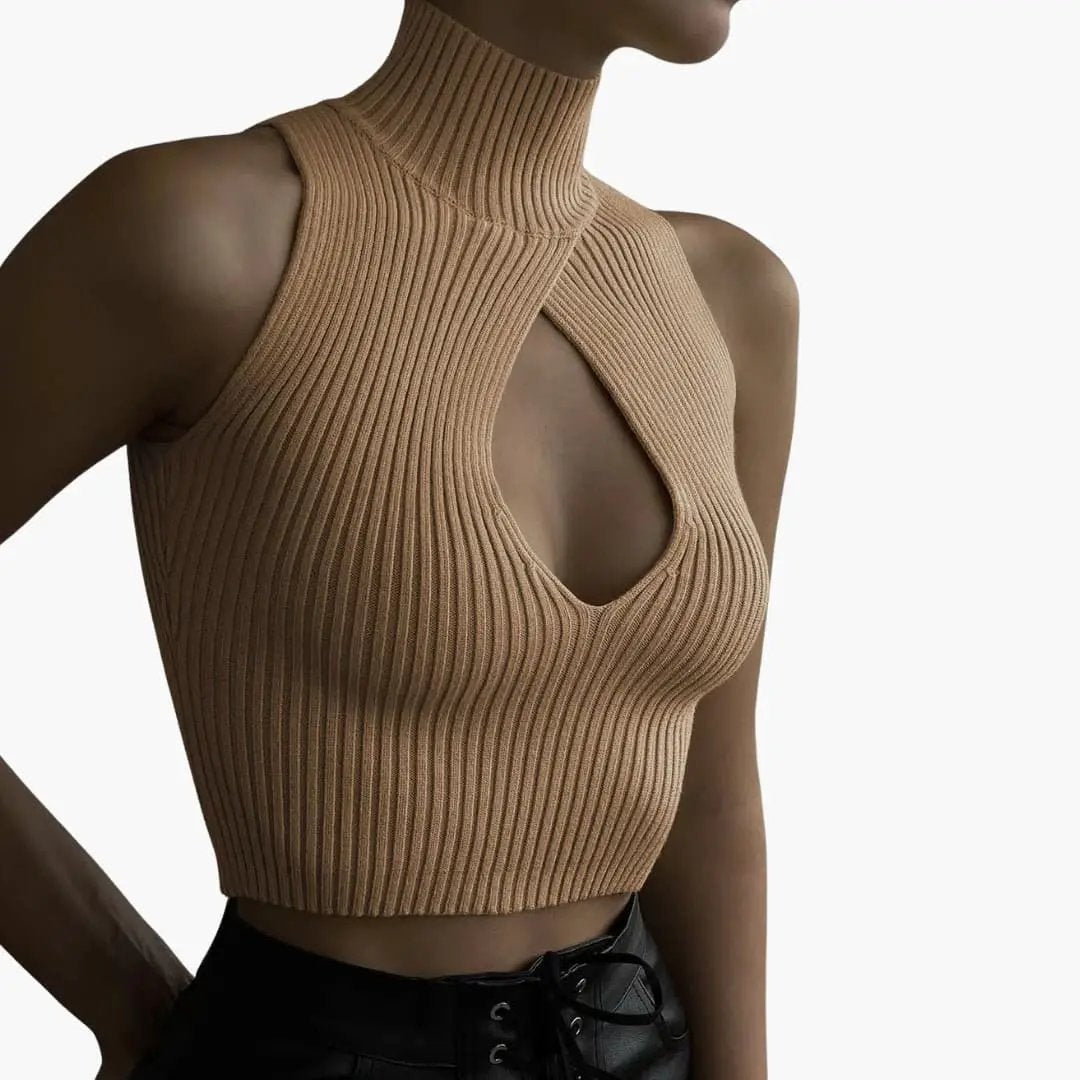 Women’s high-neck ribbed crop top in tan with front keyhole cut-out