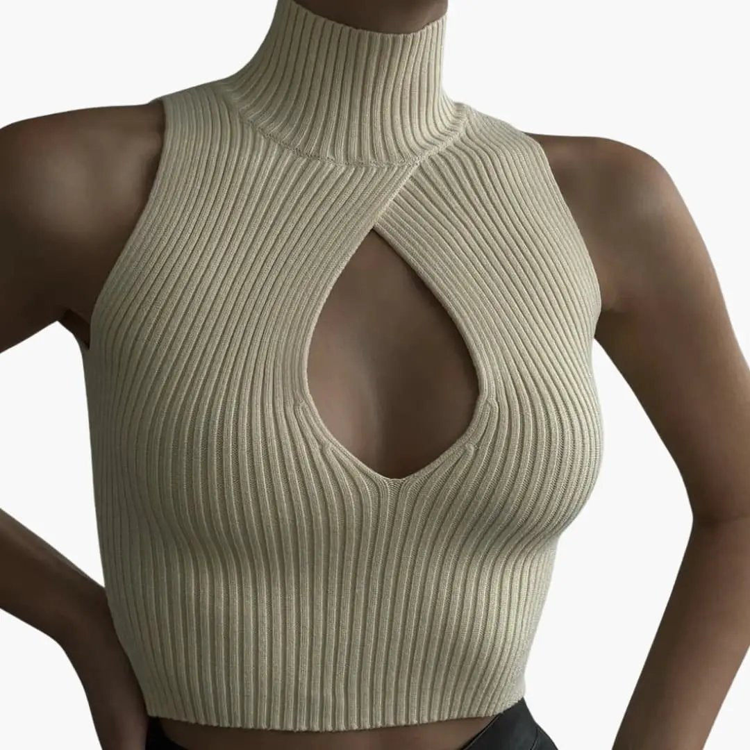 Women’s High Neck Crop Top by Wilfred Smith - sleeveless ribbed knit beige with front keyhole cutout