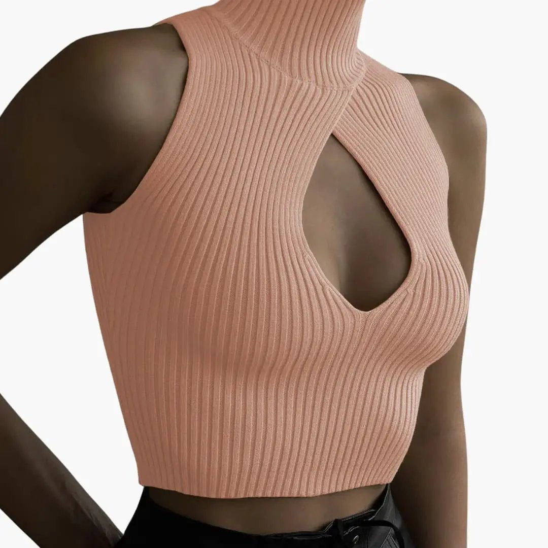 Women’s High Neck Crop Top, sleeveless ribbed stretch cotton in dusty pink with a front keyhole cutout.