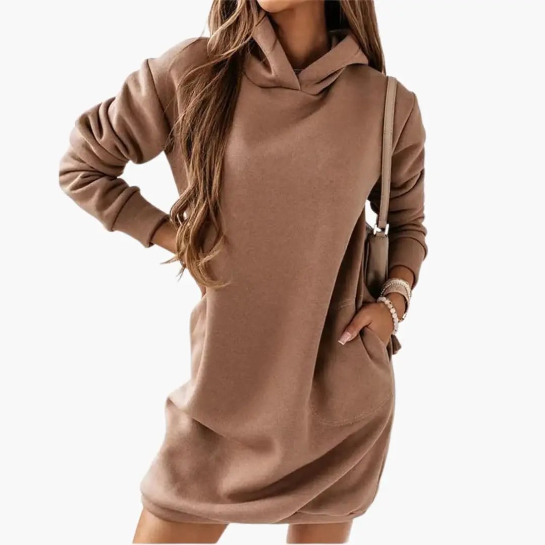 Women's hooded dress in camel brown with long sleeves and a straight hem.