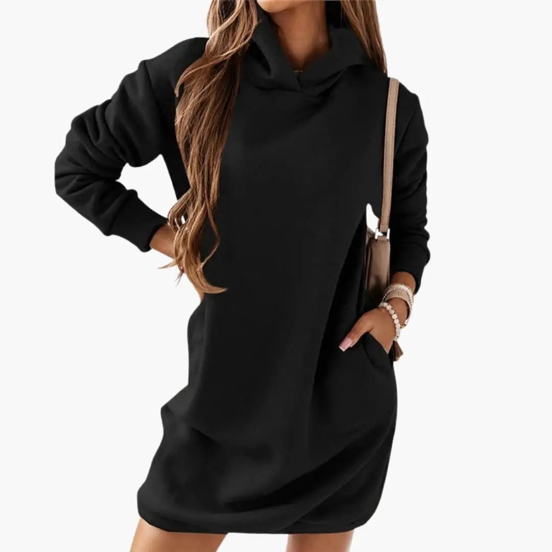 Women’s Hooded Dress by Wilfred Smith, black with long sleeves and straight hem