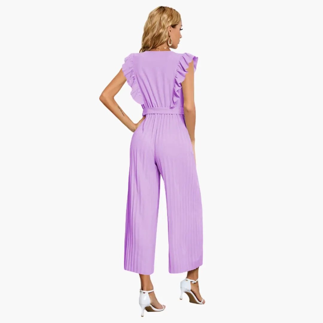 Women's jumpsuit in lavender, wide-leg with waist belt and ruffled sleeves