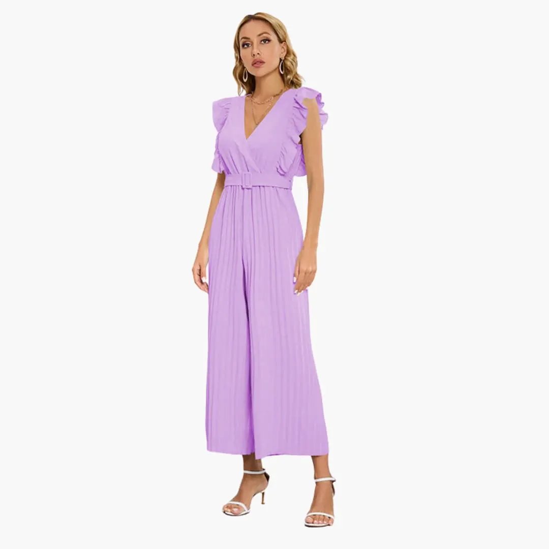 Women’s lavender wide-leg jumpsuit with waist belt and flutter sleeves.