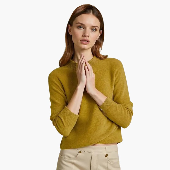 Women’s Sweater with Draped Neckline and Ribbed Cuffs
