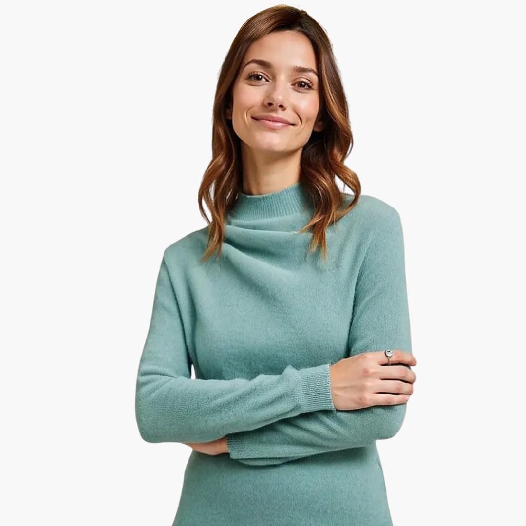 Women’s Sweater with Draped Neckline and Ribbed Cuffs