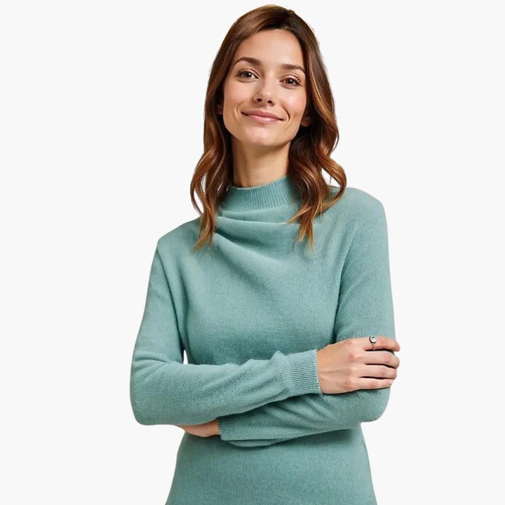 Women’s Sweater with Draped Neckline and Ribbed Cuffs