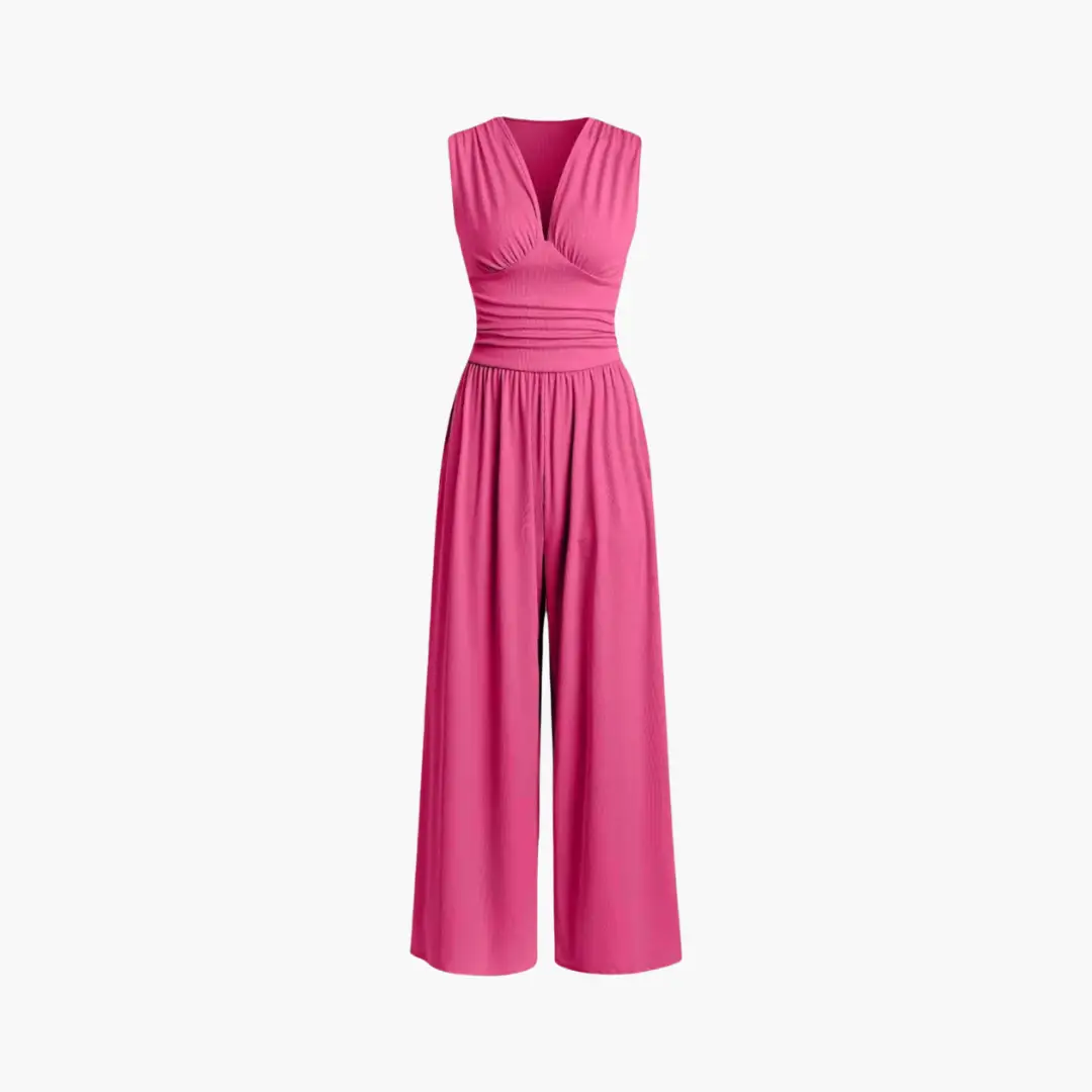 Women's pink sleeveless jumpsuit with V-neck, ruched waist, and wide-leg pants.