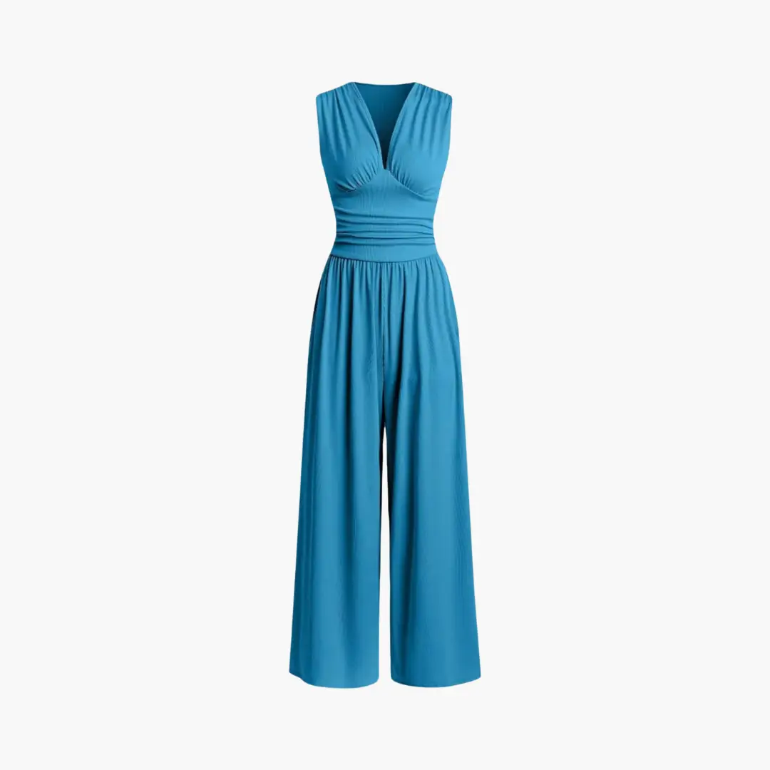 Women's blue sleeveless jumpsuit with V-neck, ruched waist, and wide-leg pants