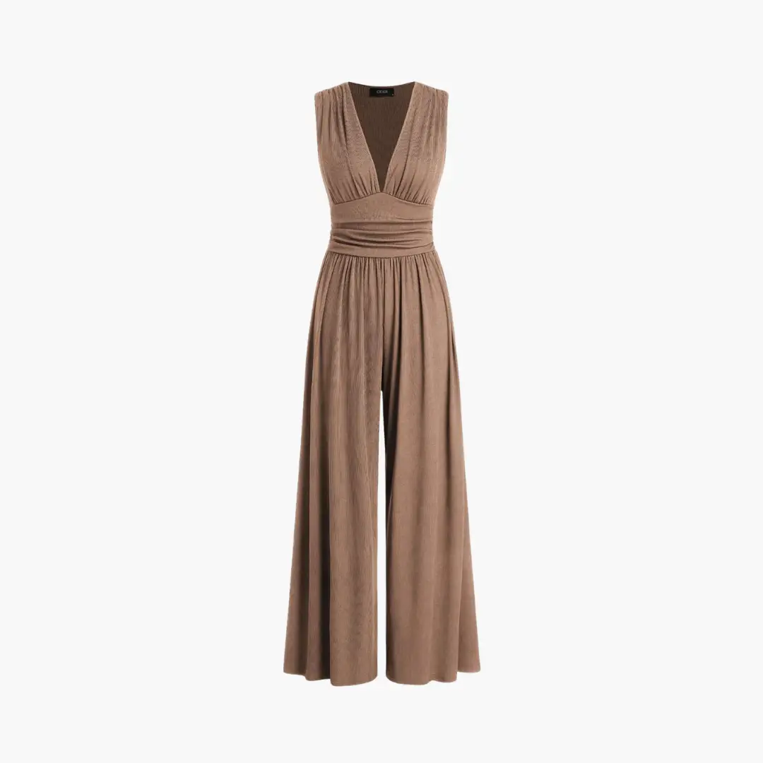 Women's sleeveless jumpsuit in taupe with V-neck, wrapped waist, and wide-leg pants