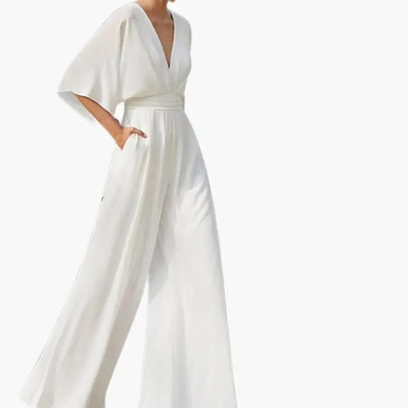 Women's white summer jumpsuit with V-neck, half sleeves, and wide-leg pants with belted waist.