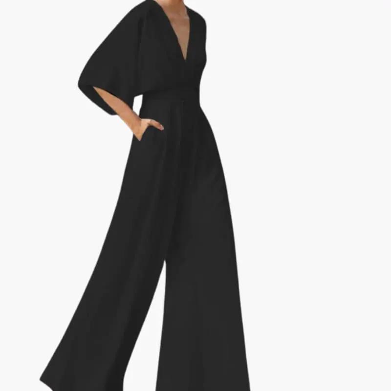Women's Summer Jumpsuit with black V-neck, half sleeves, and wide-leg pants by Wilfred Smith