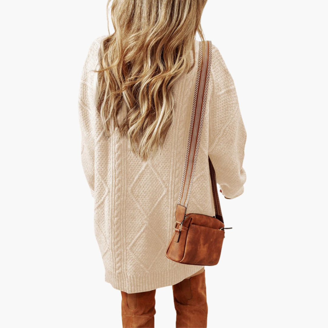 Women's knit dress in beige with cable detailing and ribbed edges, brown crossbody bag