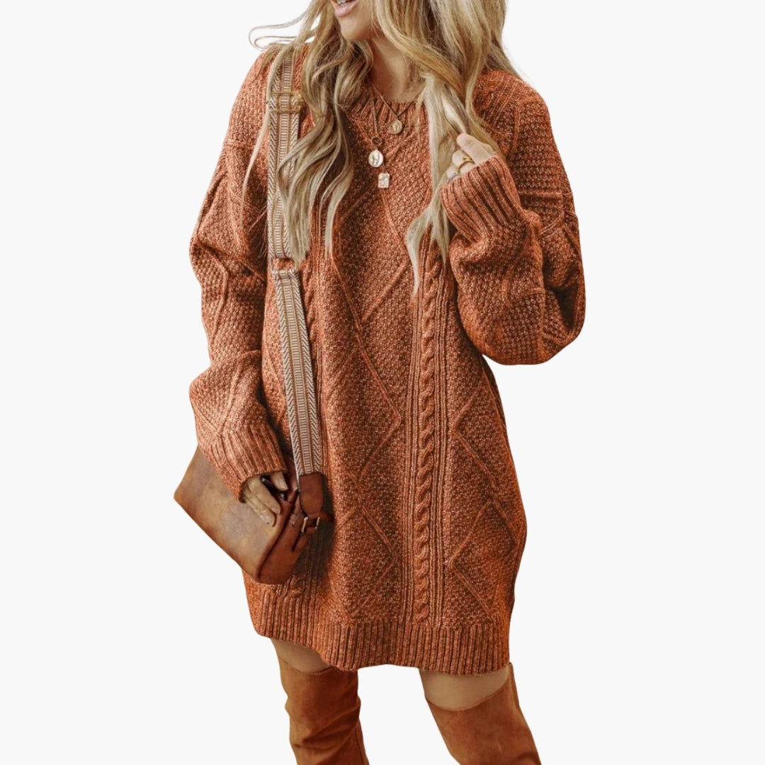 Women's oversized knit dress with cable detailing and ribbed edges in burnt orange