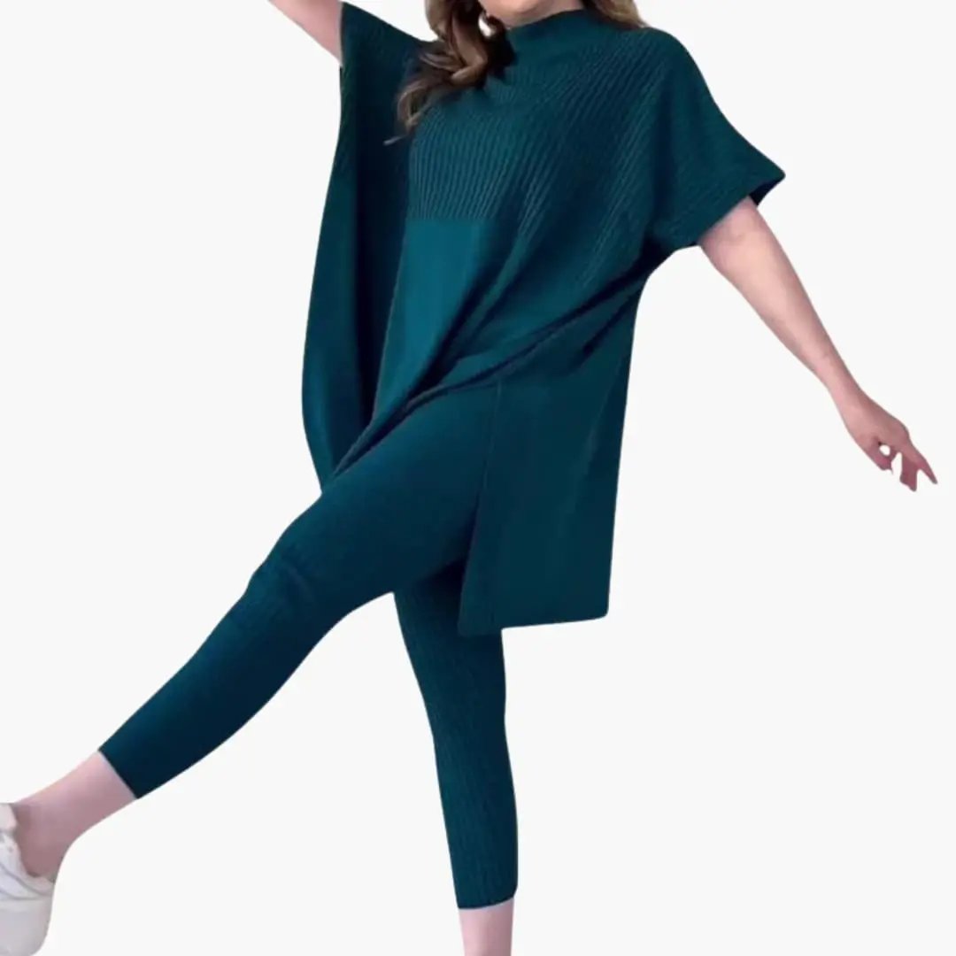 Women's teal knit two-piece set with long-sleeve top and straight-leg pants